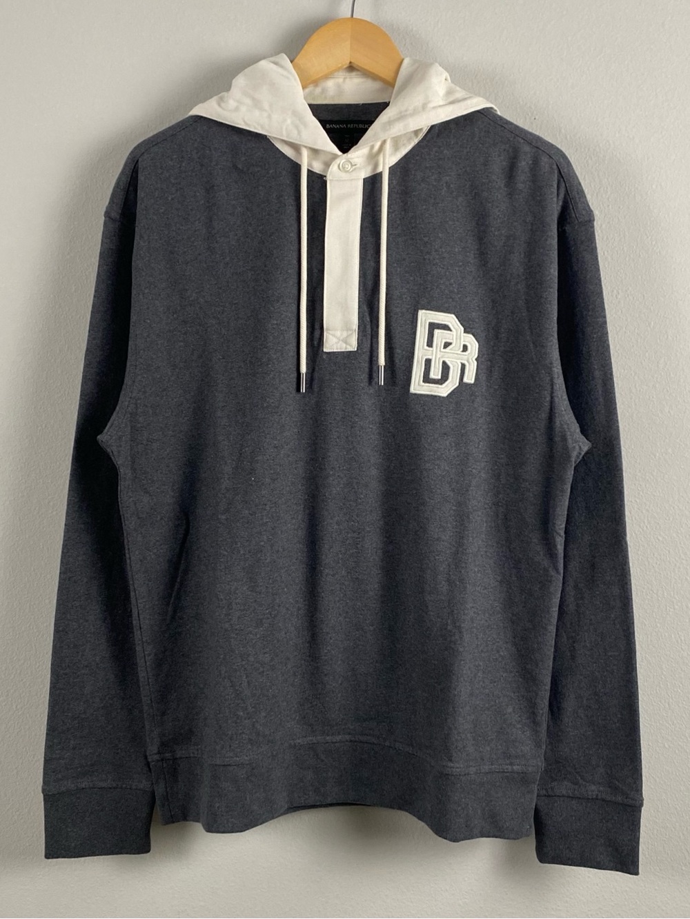 Banana Republic Rugby Long Sleeve Polo Hoodie | Chest Embroidery | Gray/Ivory
